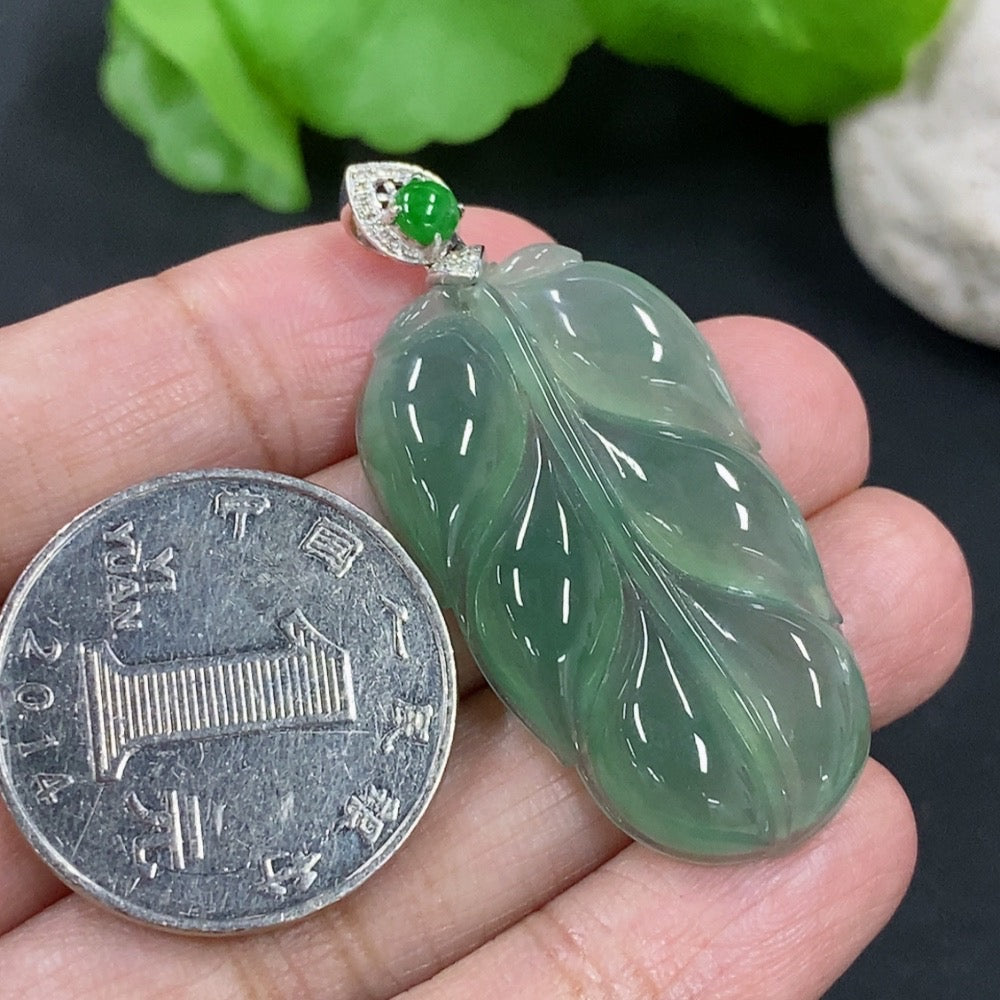 Jadeite Pendant Leaf with 18K Gold and Diamond Accents, Total Weight Approx. 8.2g