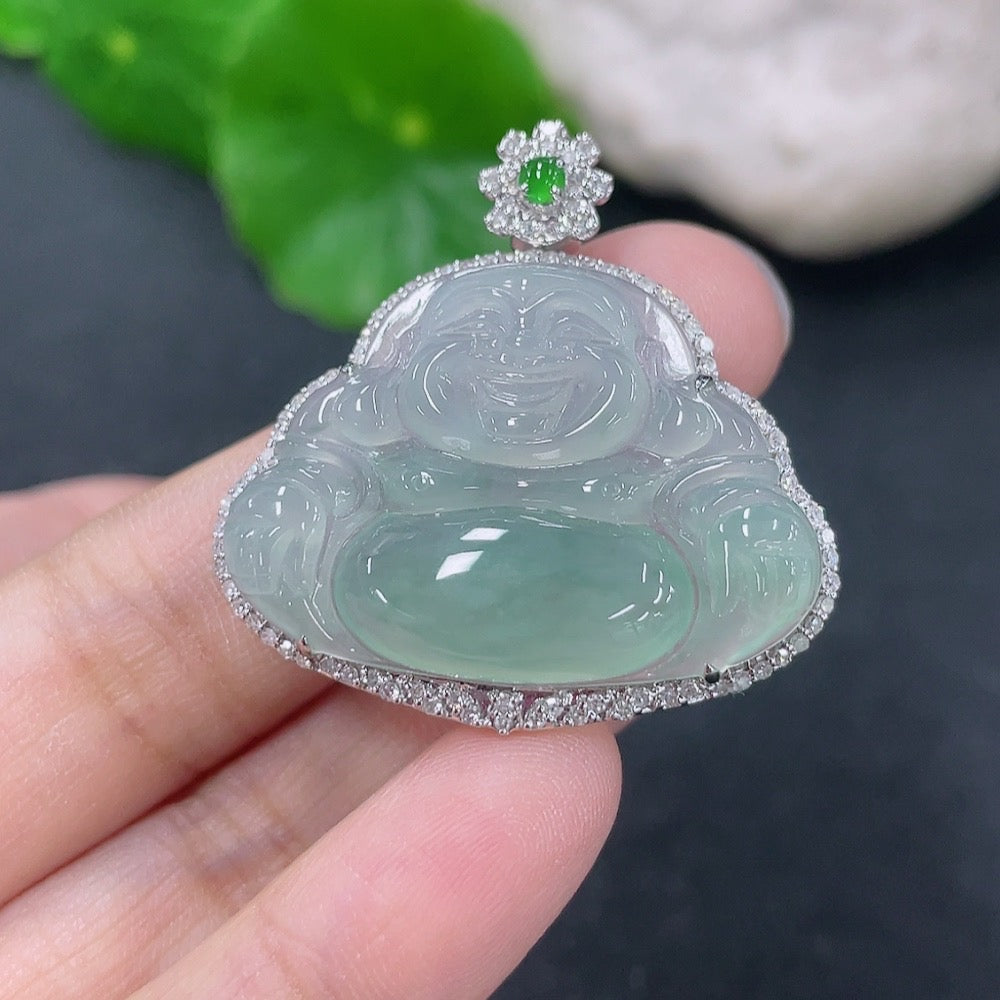 Jadeite Buddha pendant with 18K gold and diamond accents, showcasing detailed carvings and a polished jade surface.