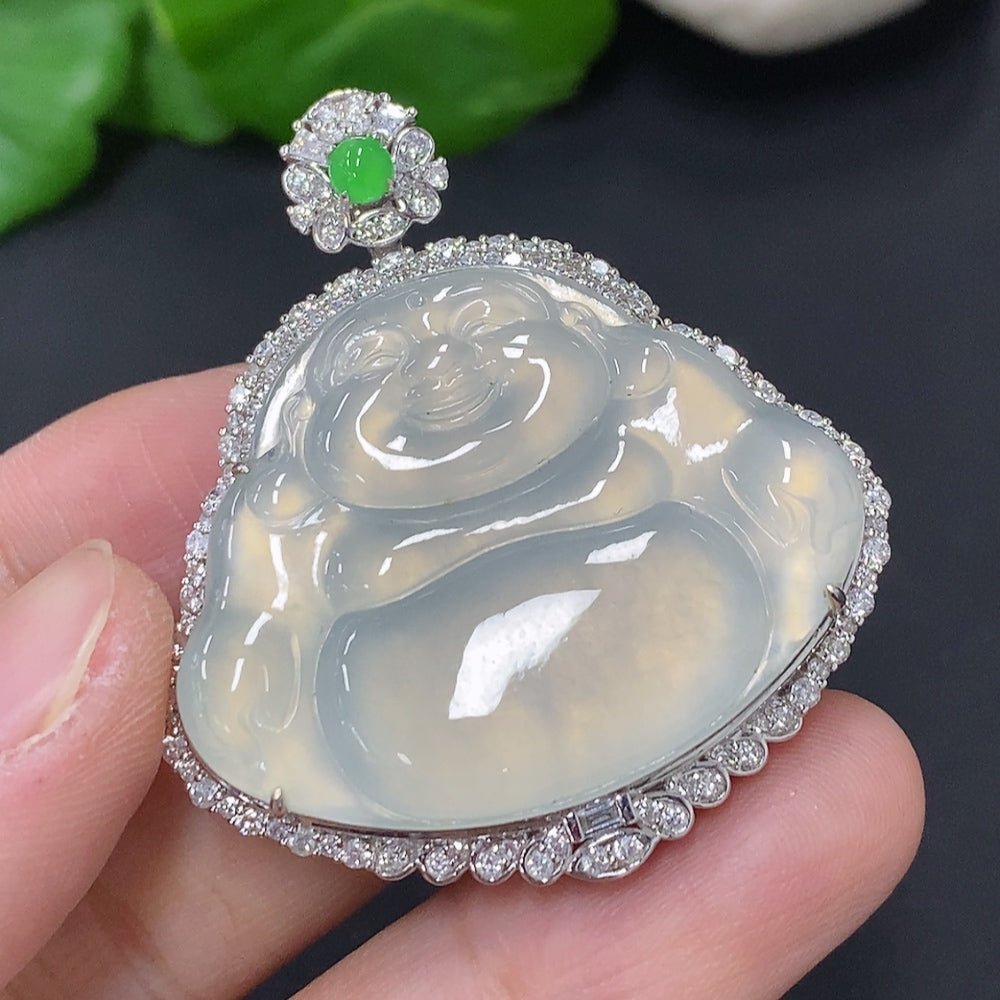 Jadeite Buddha Pendant Set in 18K Gold, Total Weight Approx. 18.2g (with Diamond Accents)