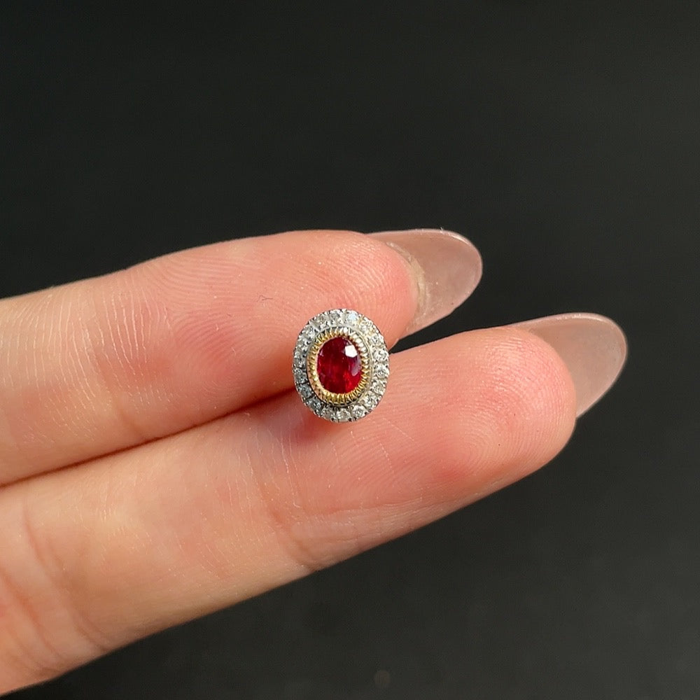 Ruby Stud Earring, Single Piece, 18K Gold, Total Weight Approx. 0.63g, Accented with Diamonds