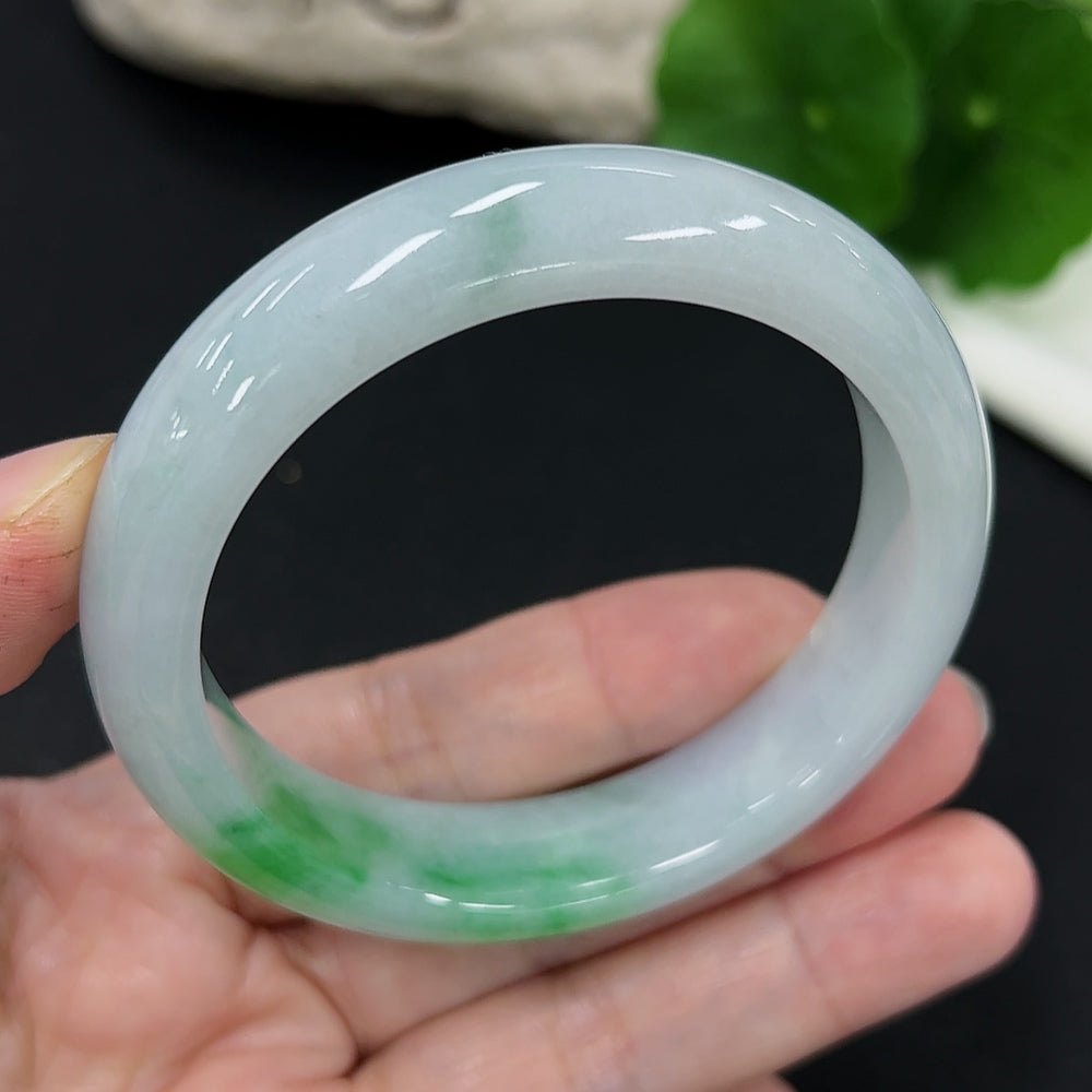 Jadeite round bracelet with size 53.8, approximately 54g, featuring smooth, polished jade stones, crafted by HKHQ.