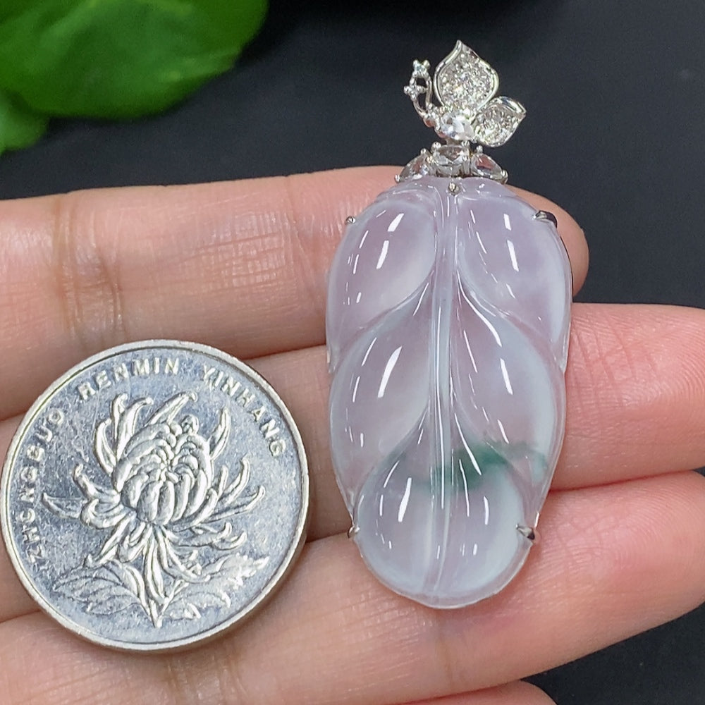 Jadeite leaf pendant necklace with 18K gold and diamond accents, elegant jewelry piece from HKHQ.