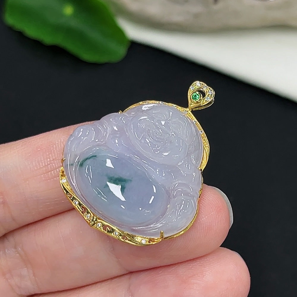 Jadeite Buddha inlaid pendant with 18K gold tested setting, non-diamond, weighing approximately 6.47g, jewelry necklace by HKHQ.