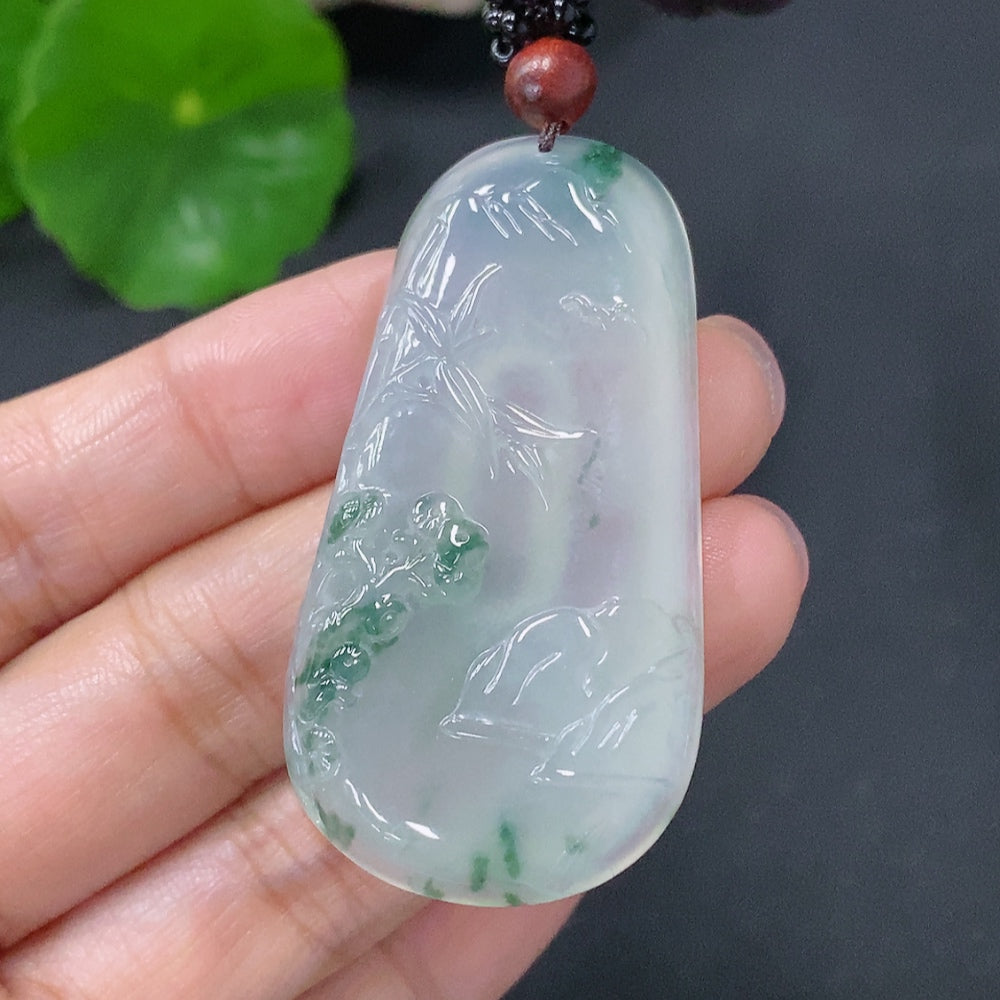 Jadeite Pendant Bamboo Section Total Weight Approx. 19g Including Cord with Non-A Grade Beads