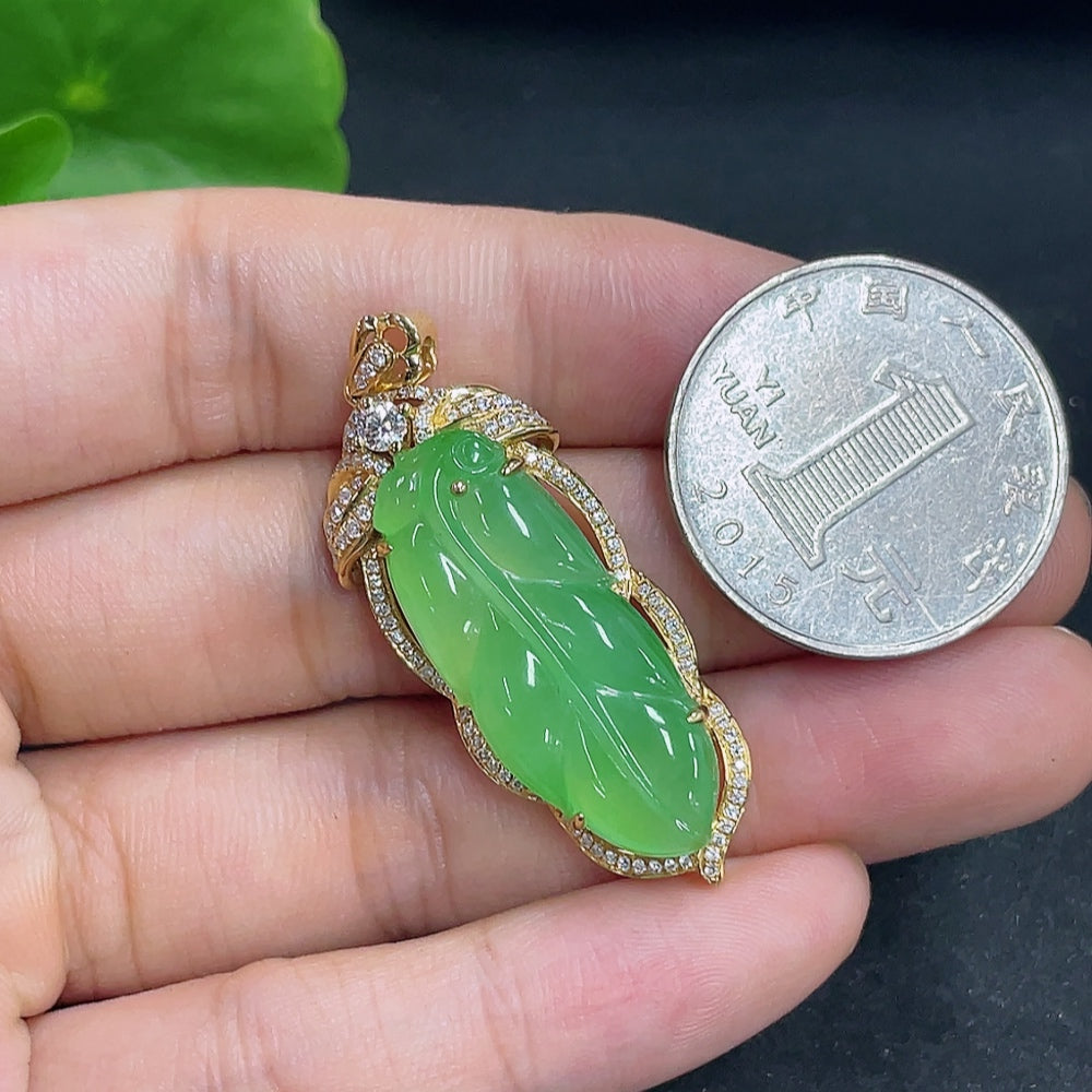 Jadeite Leaf Inlaid Pendant with 18K Gold and Diamond Accents