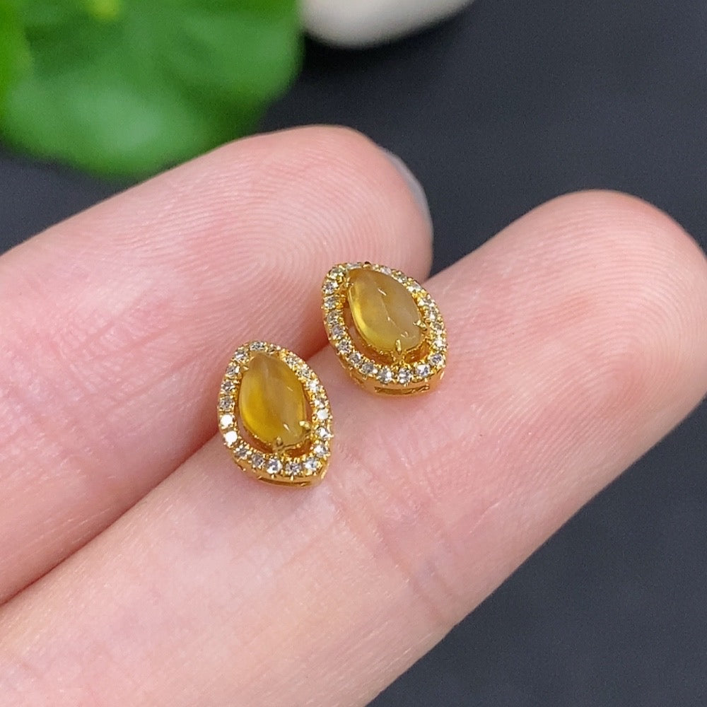 Jadeite Cabochon Stud Earrings 18k Gold Total Weight Approx. 1g Accented with Diamonds