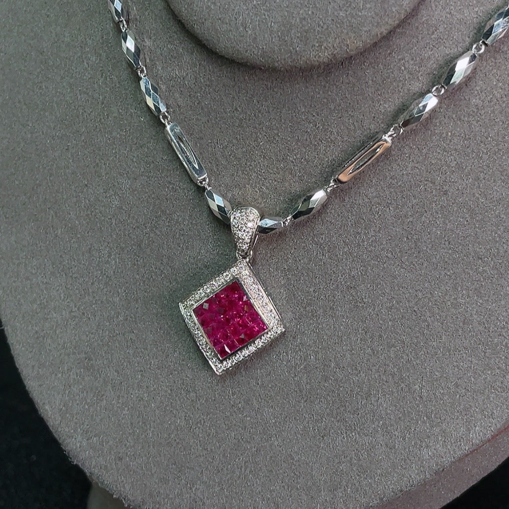 Ruby Inlaid Pendant 18k Gold Chain Pt93% Rope Undetectable Diamond Accents