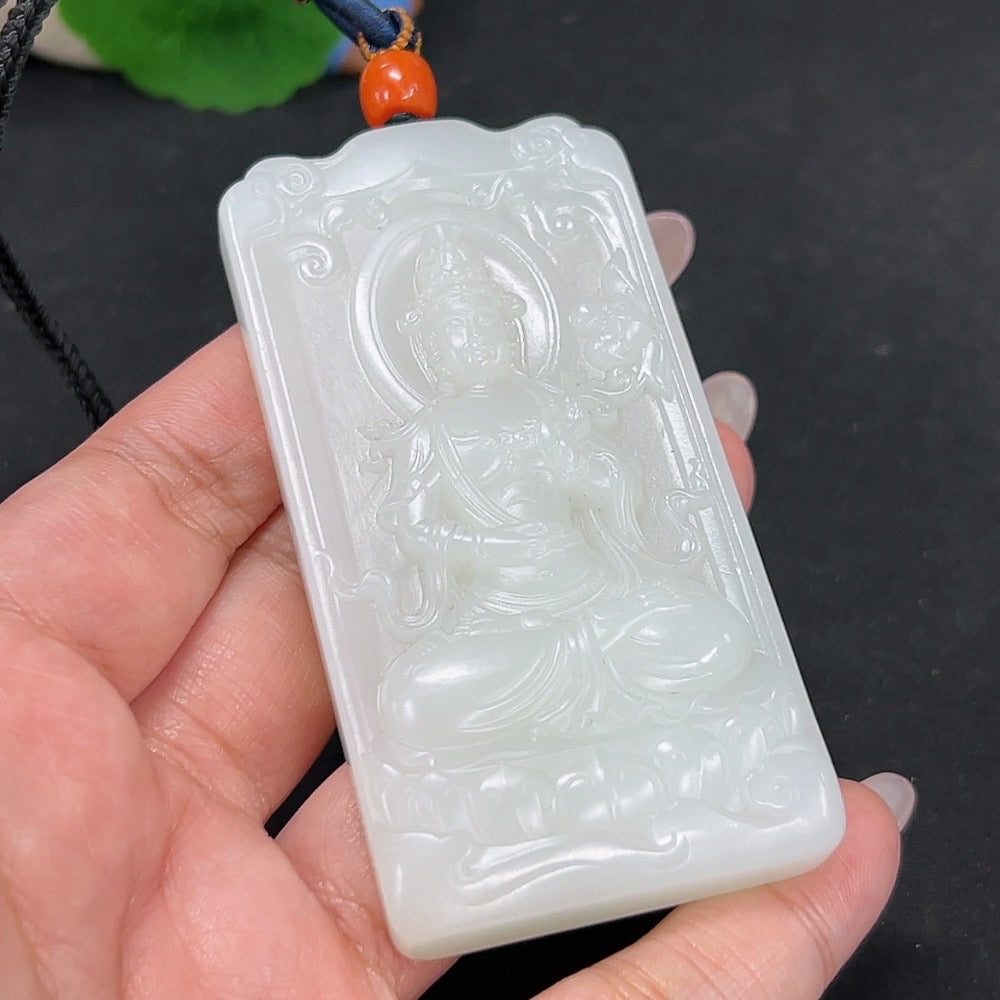 Hetian Jade pendant featuring Mahasthamaprapta Bodhisattva and Southern Red Agate, approx. 88.7g including rope, by HKHQ.