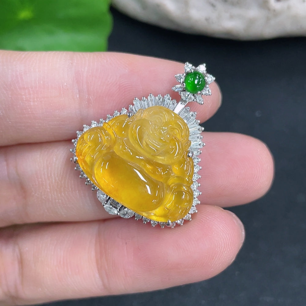 Jadeite Pendant Buddha, Total Weight Approx. 6.99g, 18K Gold with Diamond Accents, Color Origin Undetermined