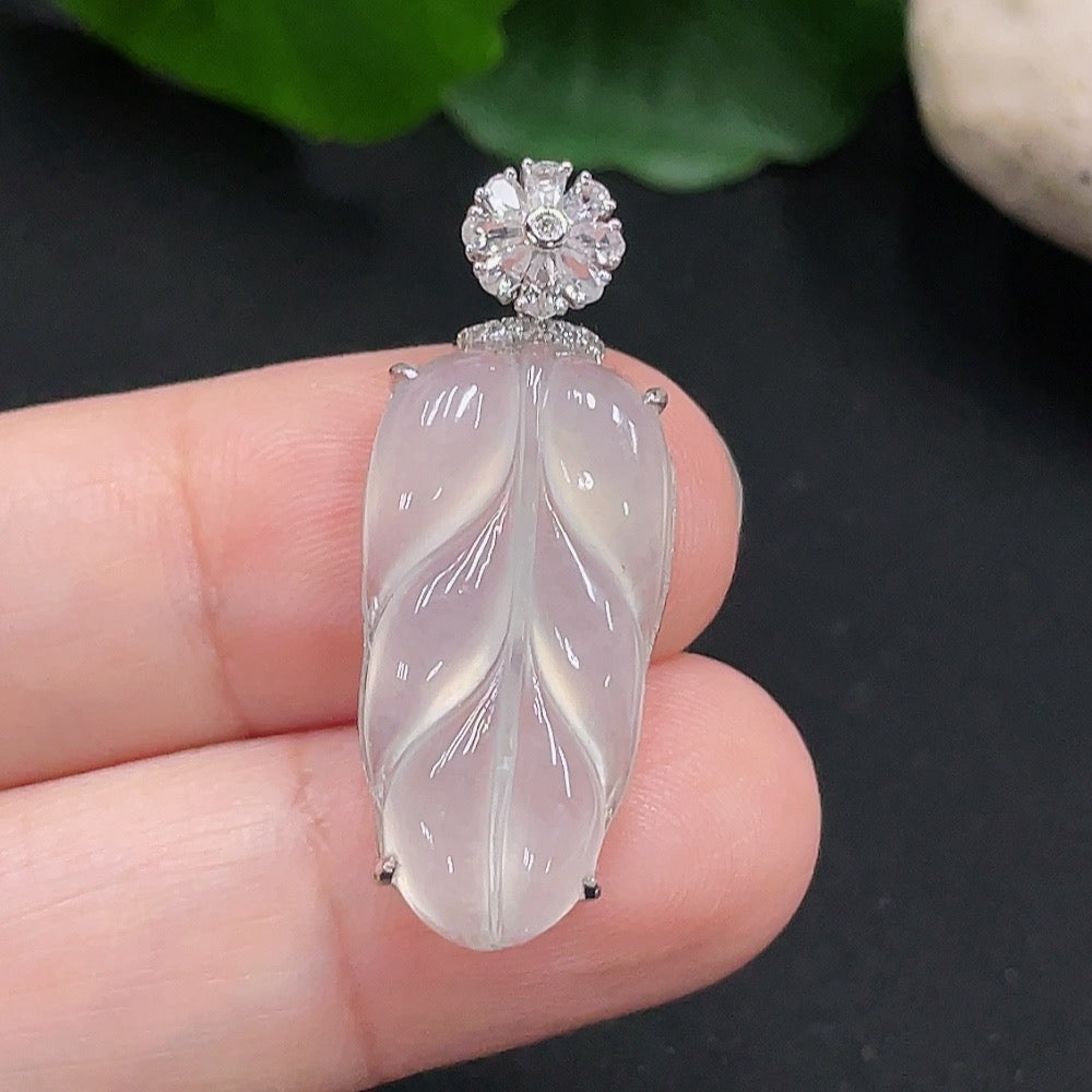 Jadeite Leaf Inlay Pendant 18K Gold Total Weight Approx. 2.6g (With Diamond Accents Only Smallest Side Stones)