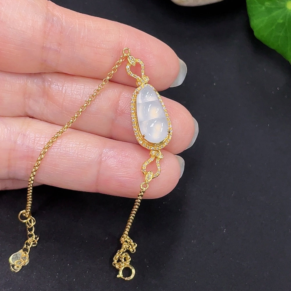 Jadeite Inlaid Bracelet 18K Gold Total Weight Approx. 3.2g (With Diamond Accents)