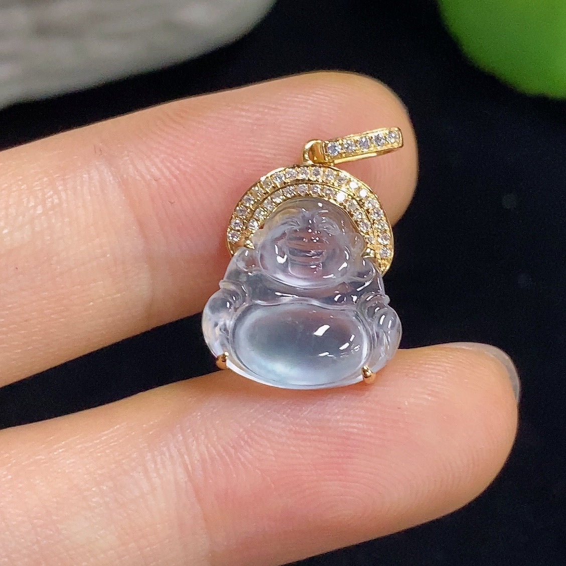 Jadeite Buddha Pendant Set in 18k Gold with Diamond Accents, Total Weight Approx. 1.97g (Including Setting)