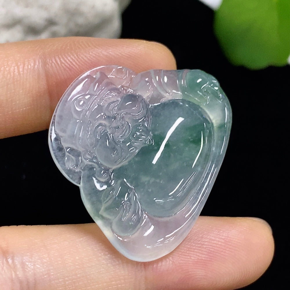 Jadeite pendant featuring the God of Wealth design, weighs approximately 8.8g, crafted from high-quality jade by HKHQ.