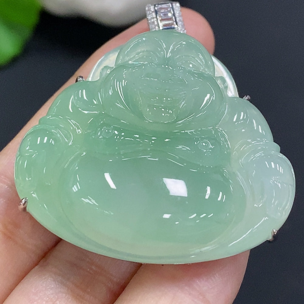 Jadeite Buddha Pendant with 18K Gold Setting, Total Weight Approx. 24.9g (Accented with Diamonds)