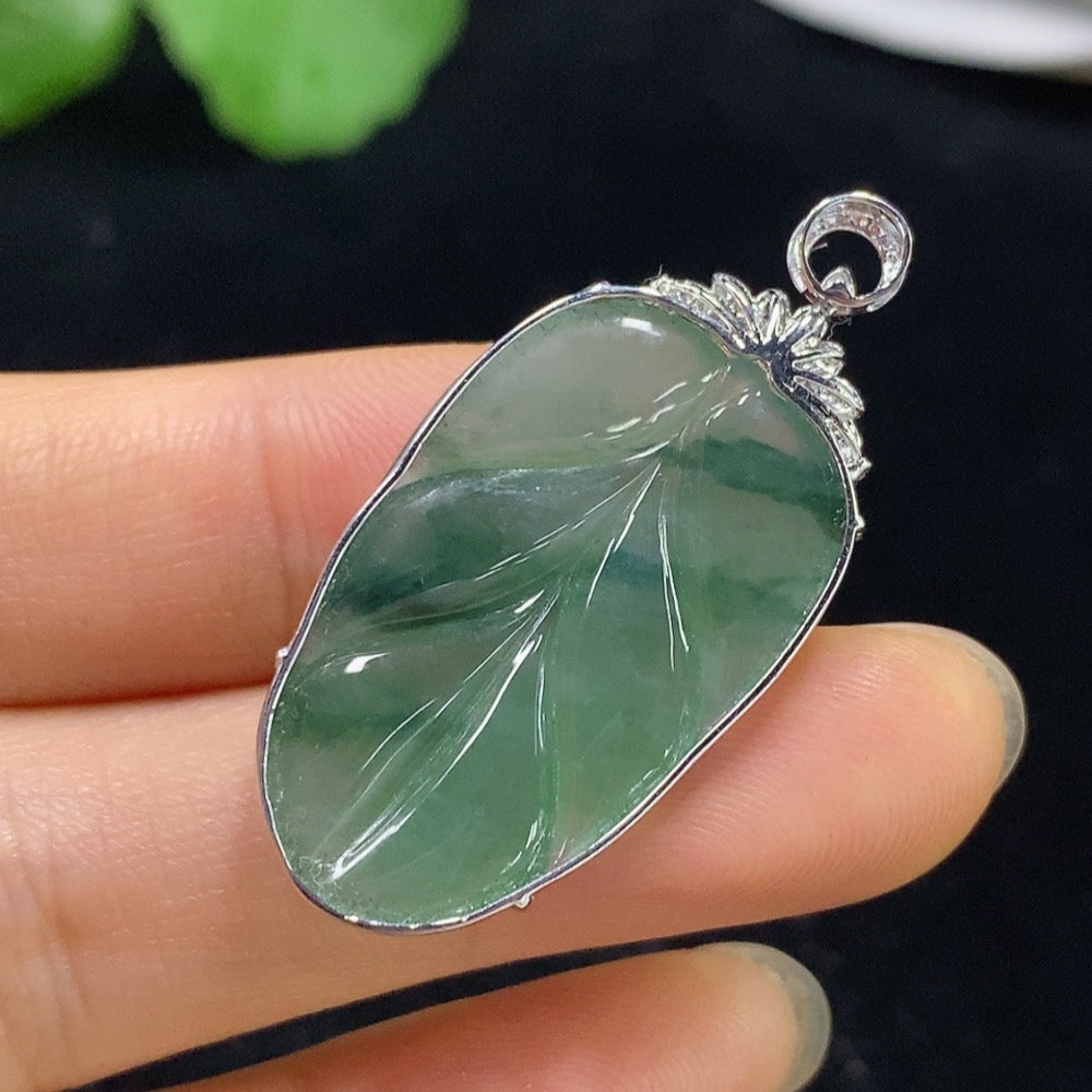 Jadeite Leaf Inlaid Pendant 18k with Diamond Accents Total Weight Approximately 4.65g
