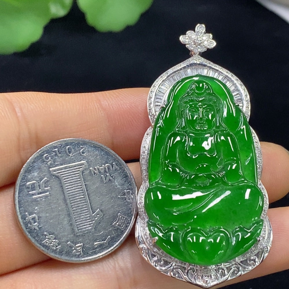 Jadeite Guanyin Inlaid Pendant 18k with Diamond Accents Total Weight Approx. 13.23g