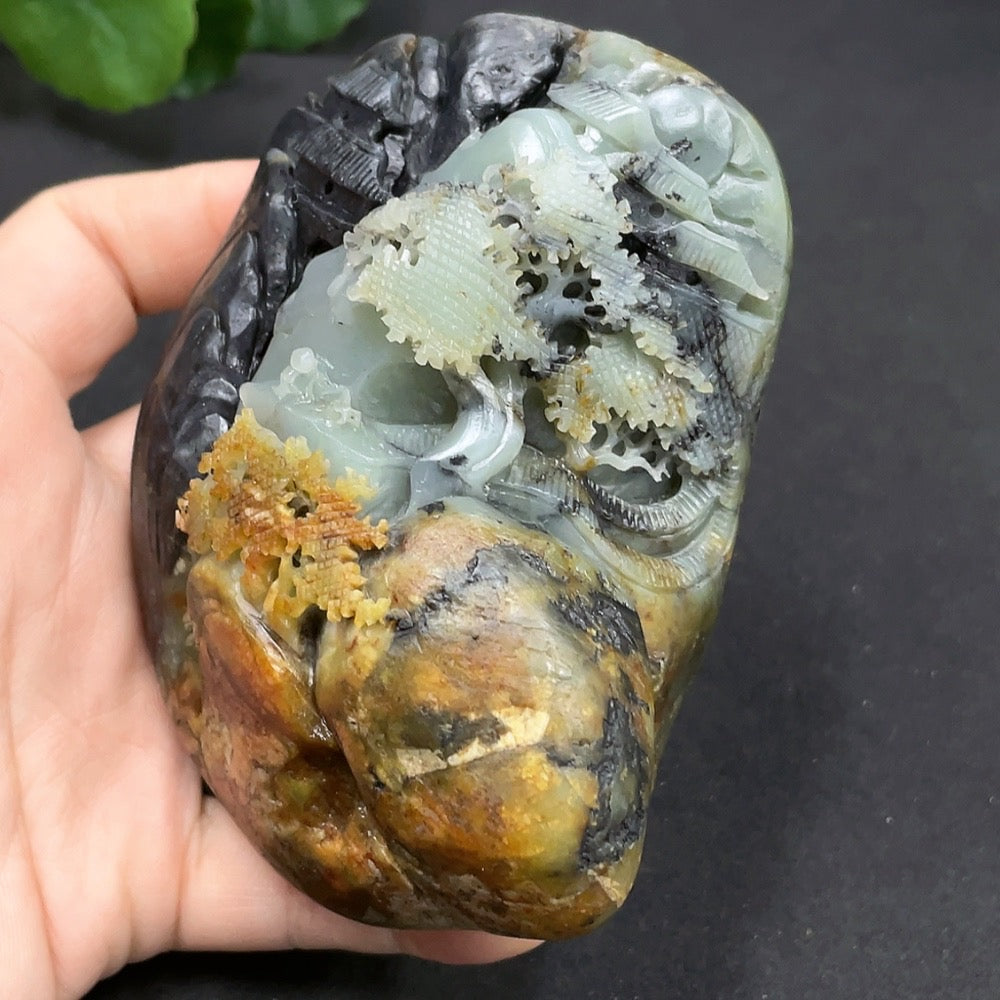 Hetian Jade Seed Material Handheld Piece - Landscape, Undetermined Skin Color Origin, Total Weight Approx. 432.2g