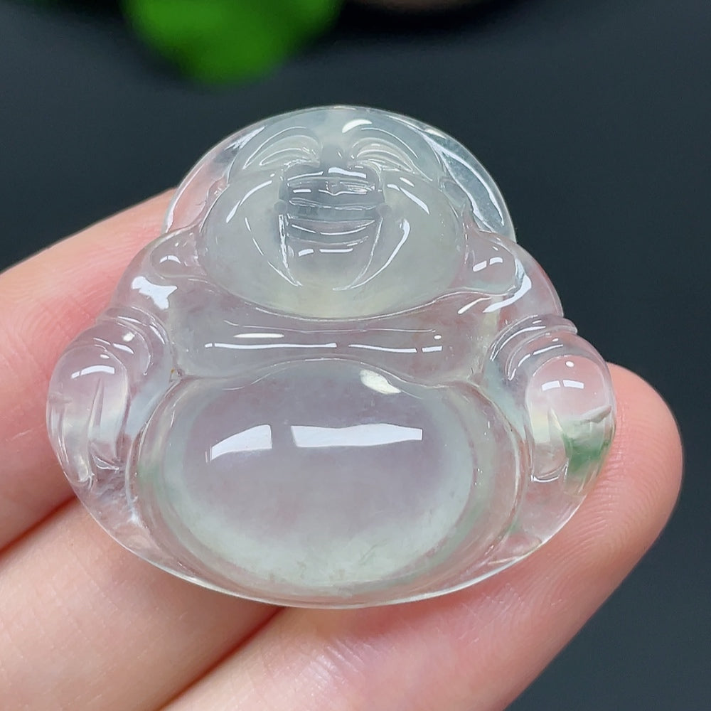 Jadeite Buddha pendant with natural green jade, polished surface, attached to a black cord, weight approximately 8.20g.