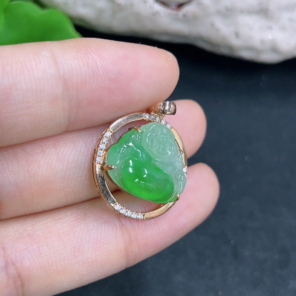 Jadeite Buddha pendant necklace with 18K gold and diamond accents, featuring a detailed Buddha figure, weight 3.14g.