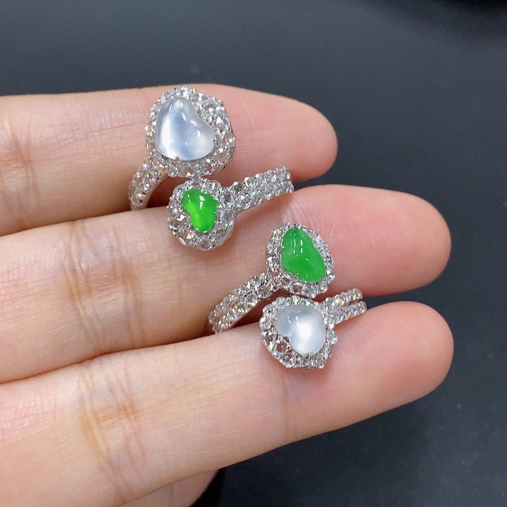 Jadeite inlaid ring lot with 15 rings, 18K gold, diamond accents, size 14, total weight 7.6g, by HKHQ.