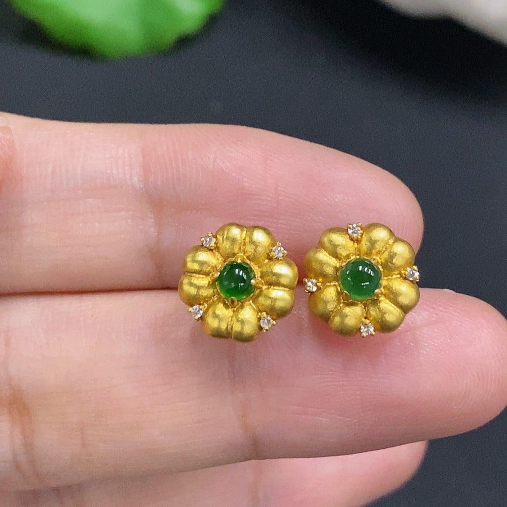 Jadeite Cabochon Stud Earrings 18k Gold Total Weight Approx.1.2g