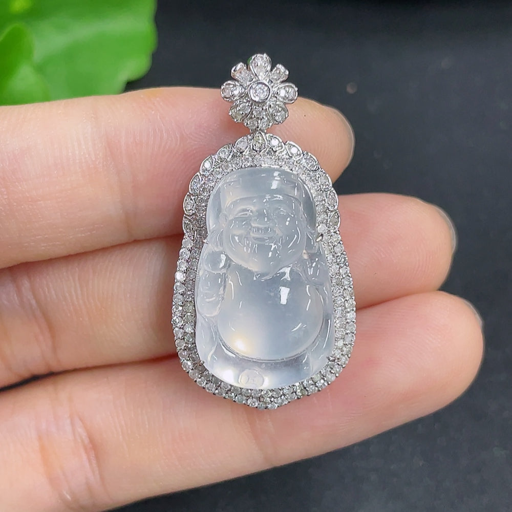 Jadeite Pendant God of Wealth 18k with Diamond Inlay