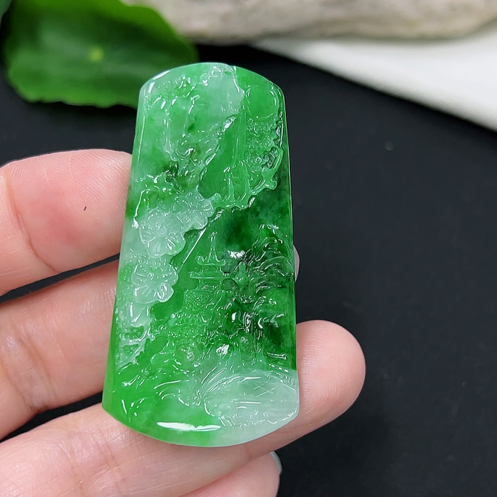 Jadeite landscape pendant with mineral components, HKHQ necklace featuring a detailed green and blue stone pendant.