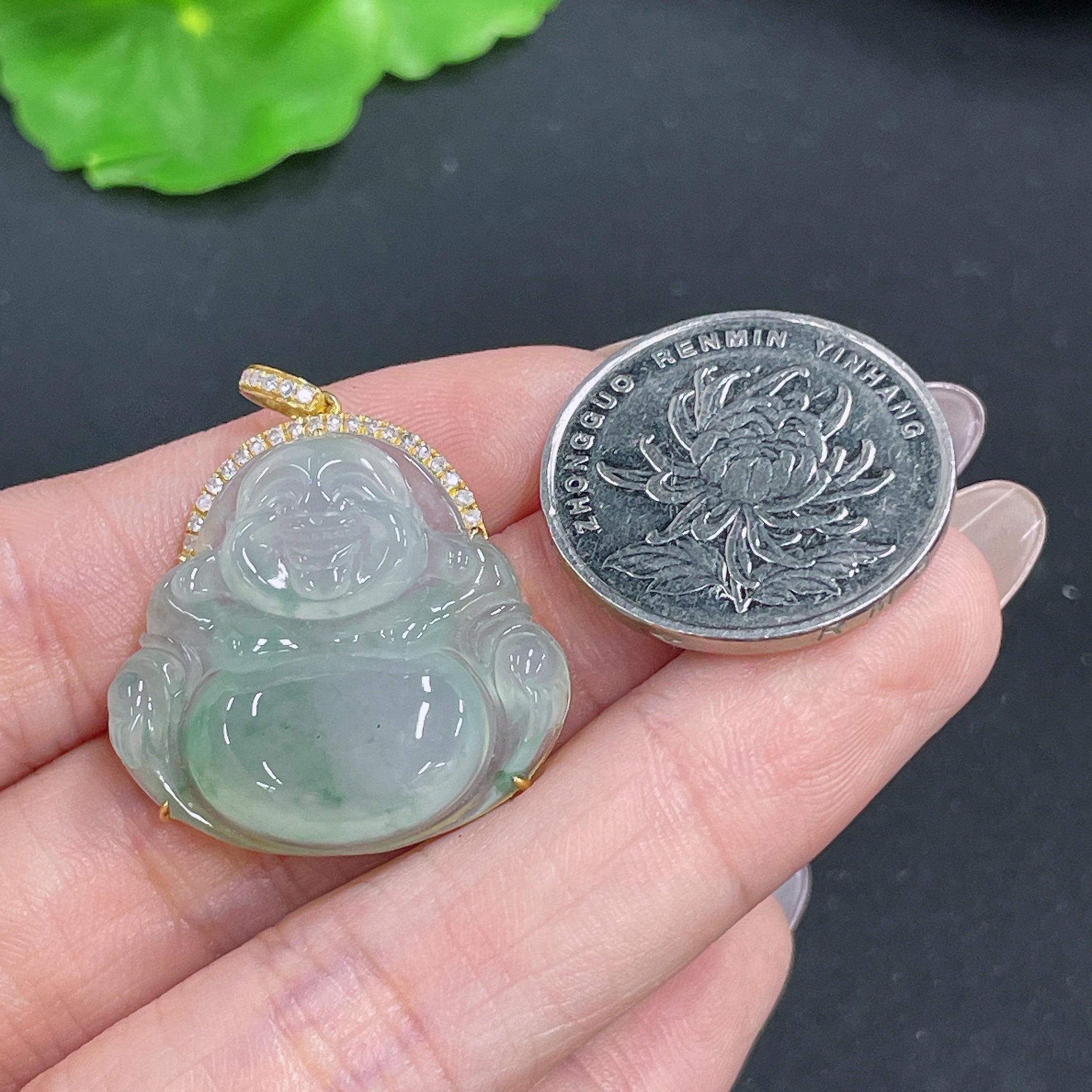 Jadeite Pendant Buddha 18k Gold Inlaid with Diamonds Total Weight Approx. 6.8g