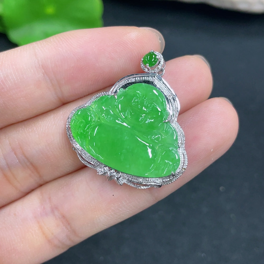 Jadeite Buddha Pendant with 18K Gold and Diamond Accents