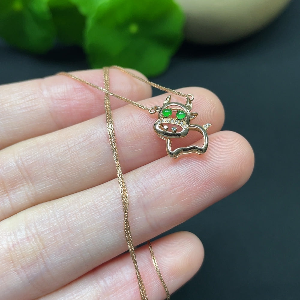 Jadeite Cabochon Pendant Necklace with 18K Gold and Diamond Accents, Total Weight Approximately 1.34g Including Chain
