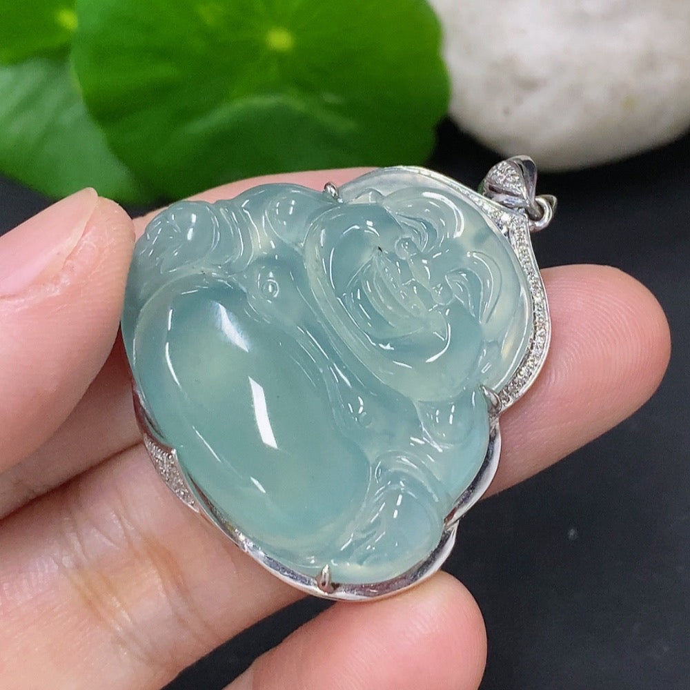 Jadeite Buddha Pendant with 18K Gold and Diamond Accents