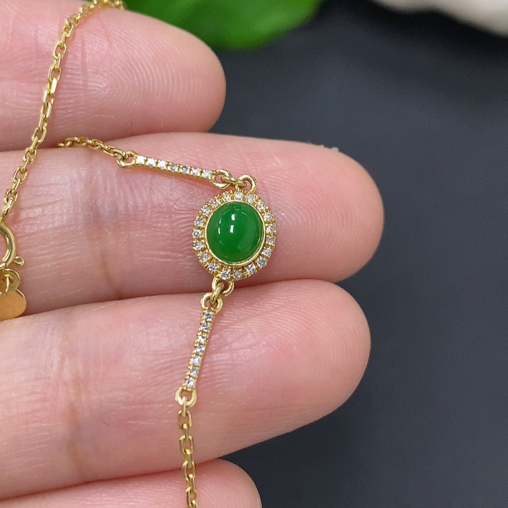 Jadeite Cabochon Inlay Bracelet 18K Gold Total Weight Approx. 1.1g (With Diamond Accents)