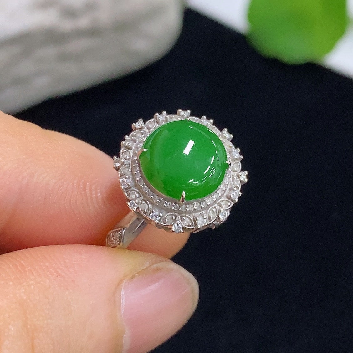 Jadeite Cabochon Ring/Pendant Convertible 18K with Diamond Accents