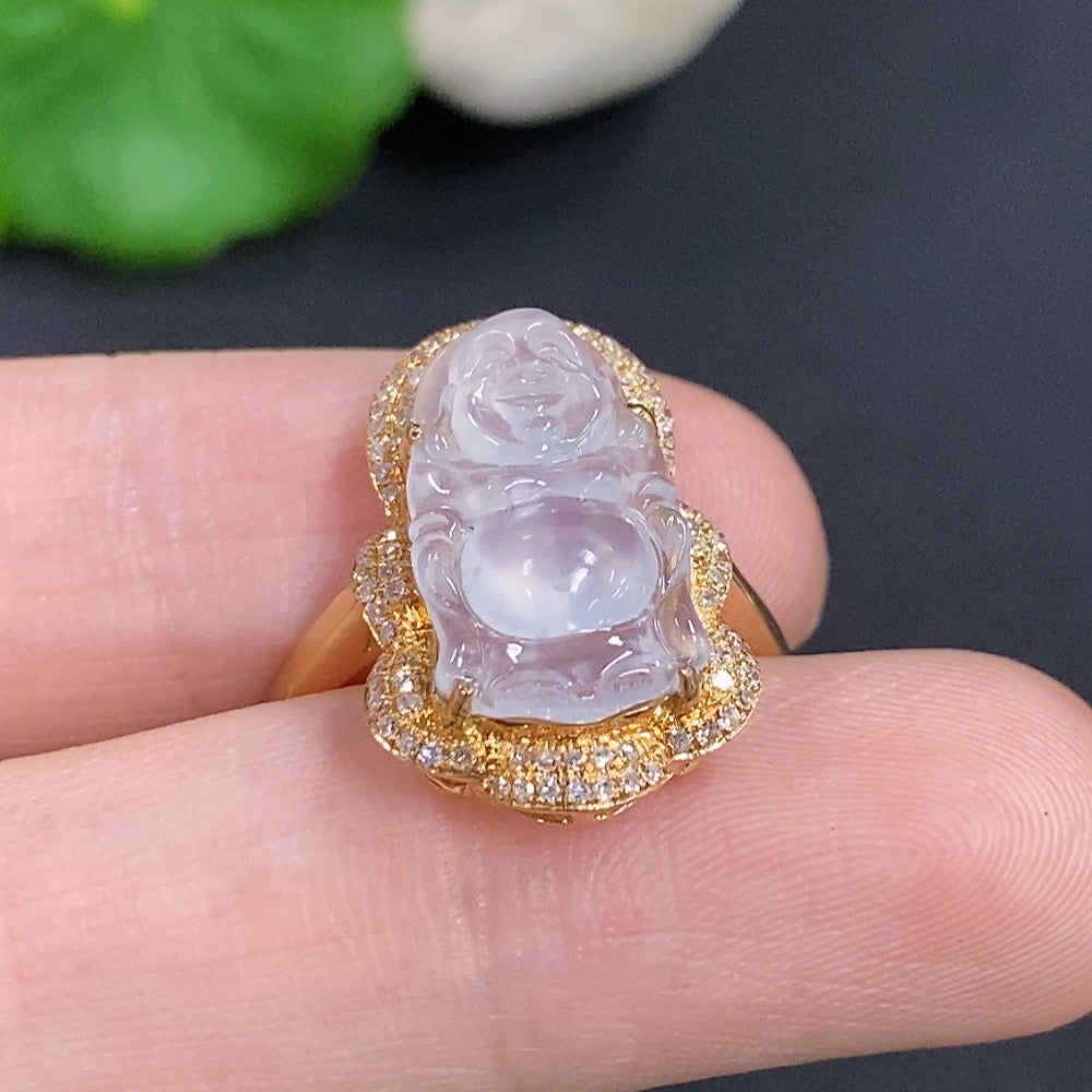 Jadeite Buddha inlay ring 18K Gold with diamonds