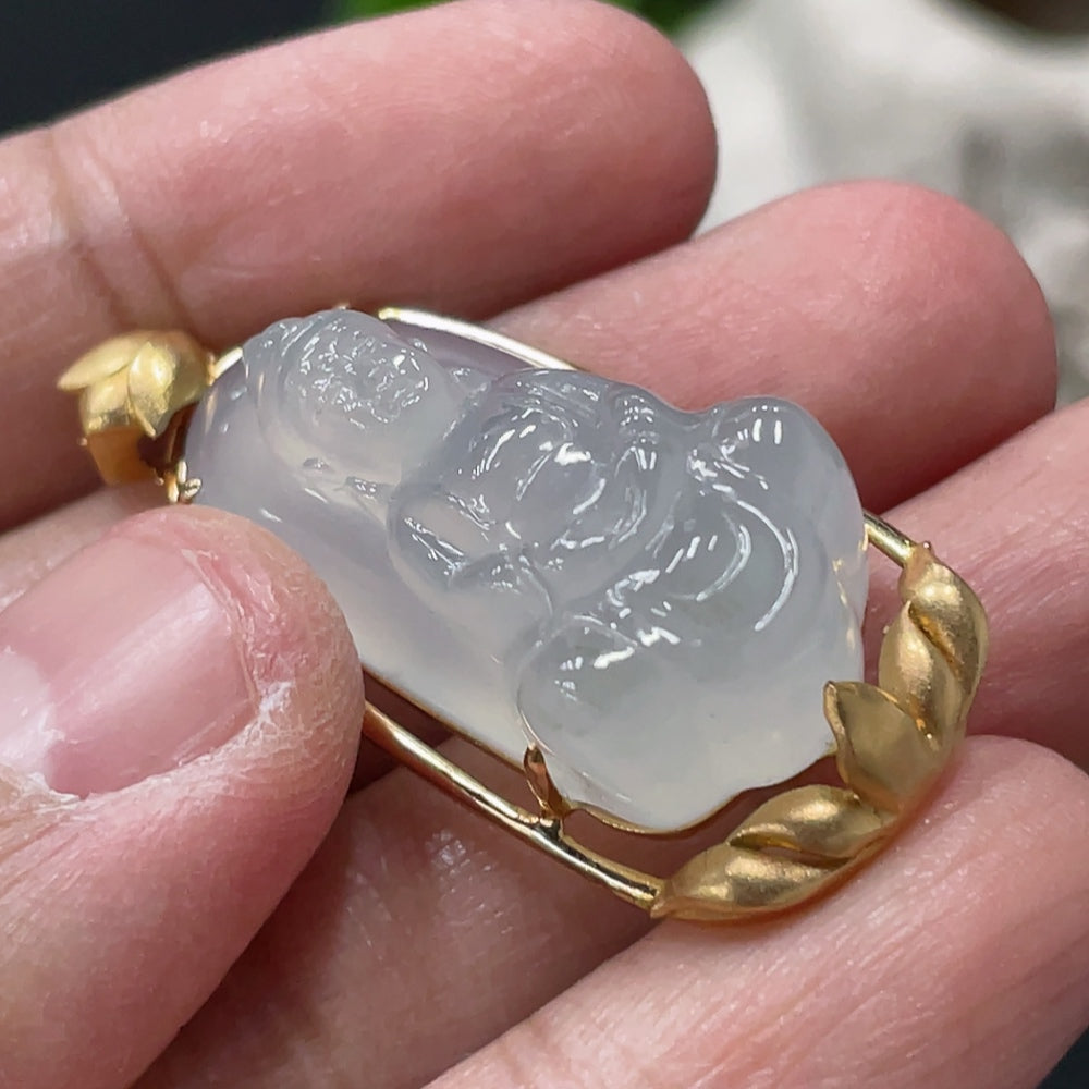 Jadeite Guanyin Inlaid Pendant, 18K Gold Inlaid, Total Weight Approx. 8.96g