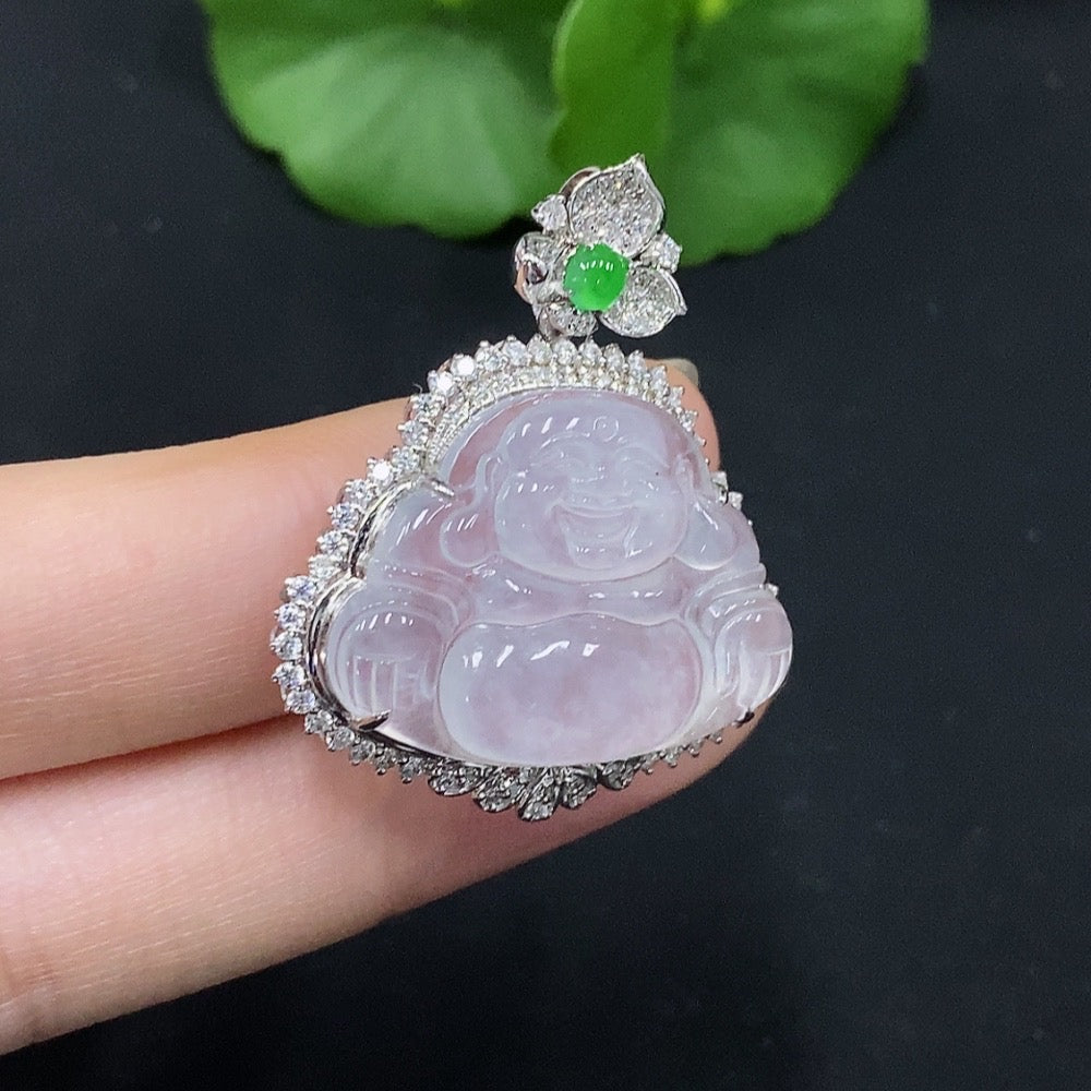 Jadeite Buddha Pendant Set in 18K Gold with Diamond Accents, Total Weight Approx. 5.99g