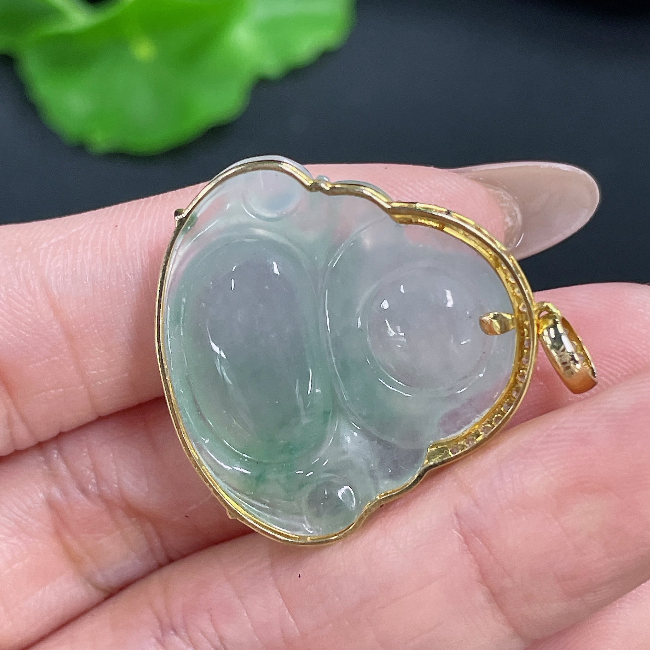 Jadeite Pendant Buddha 18k Gold Inlaid with Diamonds Total Weight Approx. 6.8g