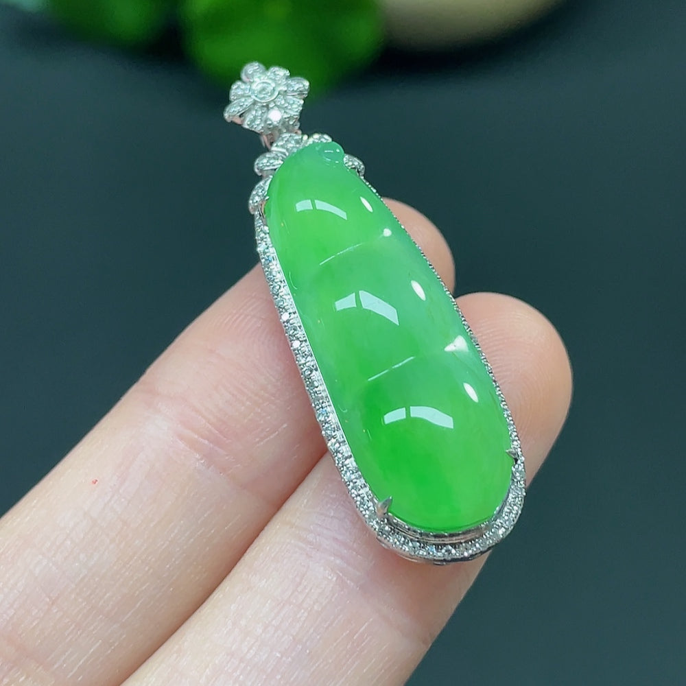 Jadeite Bean Pendant with 18K Gold and Diamond Accents