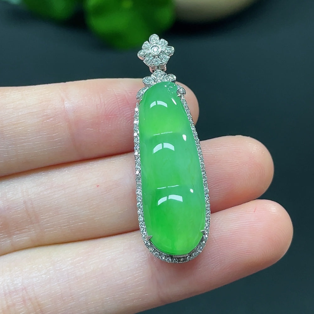 Jadeite Bean Pendant with 18K Gold and Diamond Accents