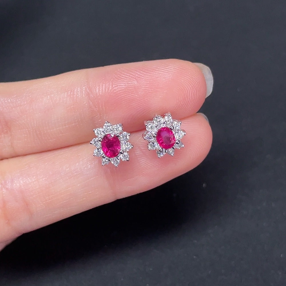 Ruby Stud Earrings, 18K Gold, Accented with Diamonds