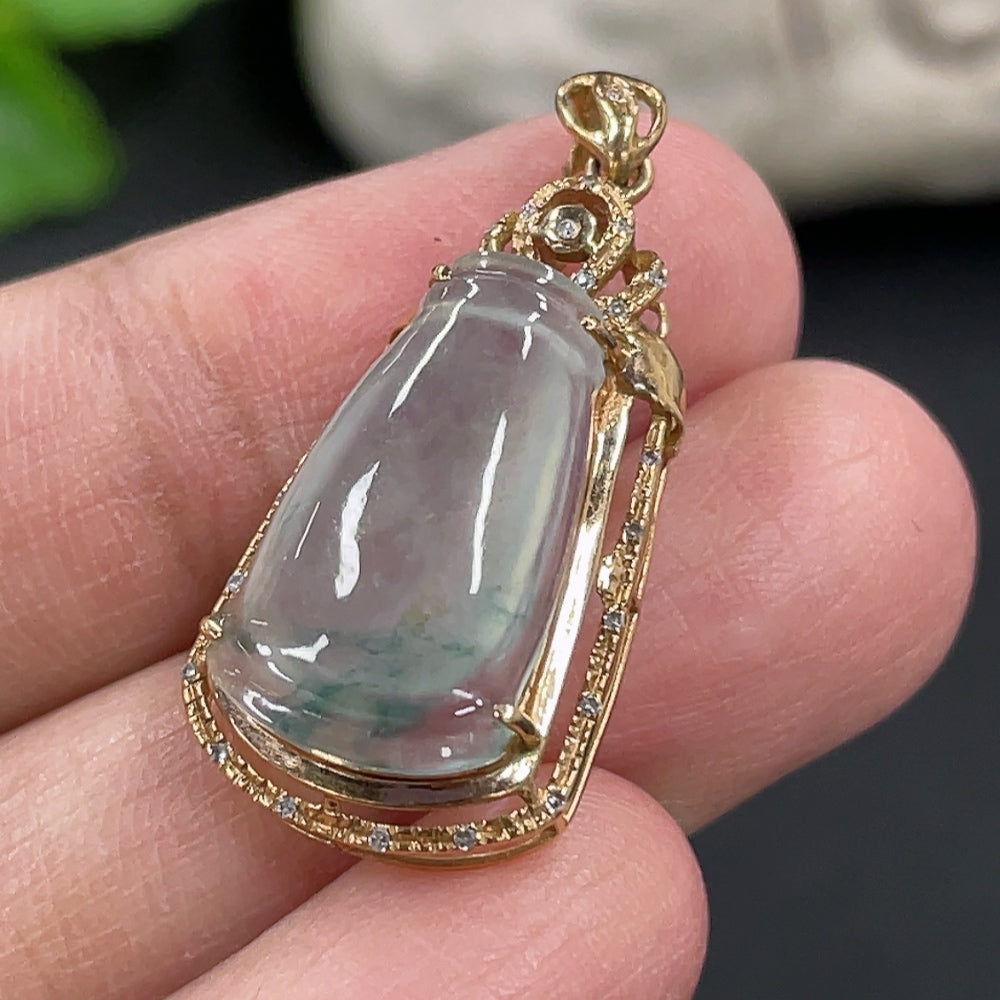 Jadeite bamboo inlay pendant by HKHQ with 18K gold and diamond accents, weighing approximately 2.6 grams.