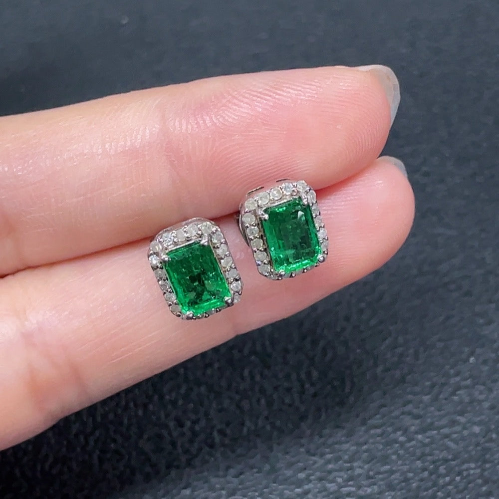 Emerald earrings, clarity enhanced, non-gold, diamond-accented