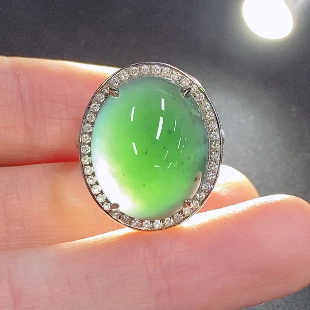 Jadeite cabochon ring with diamond accents in 18k gold, size 14, HKHQ jewelry, 7g total weight, elegant gemstone ring