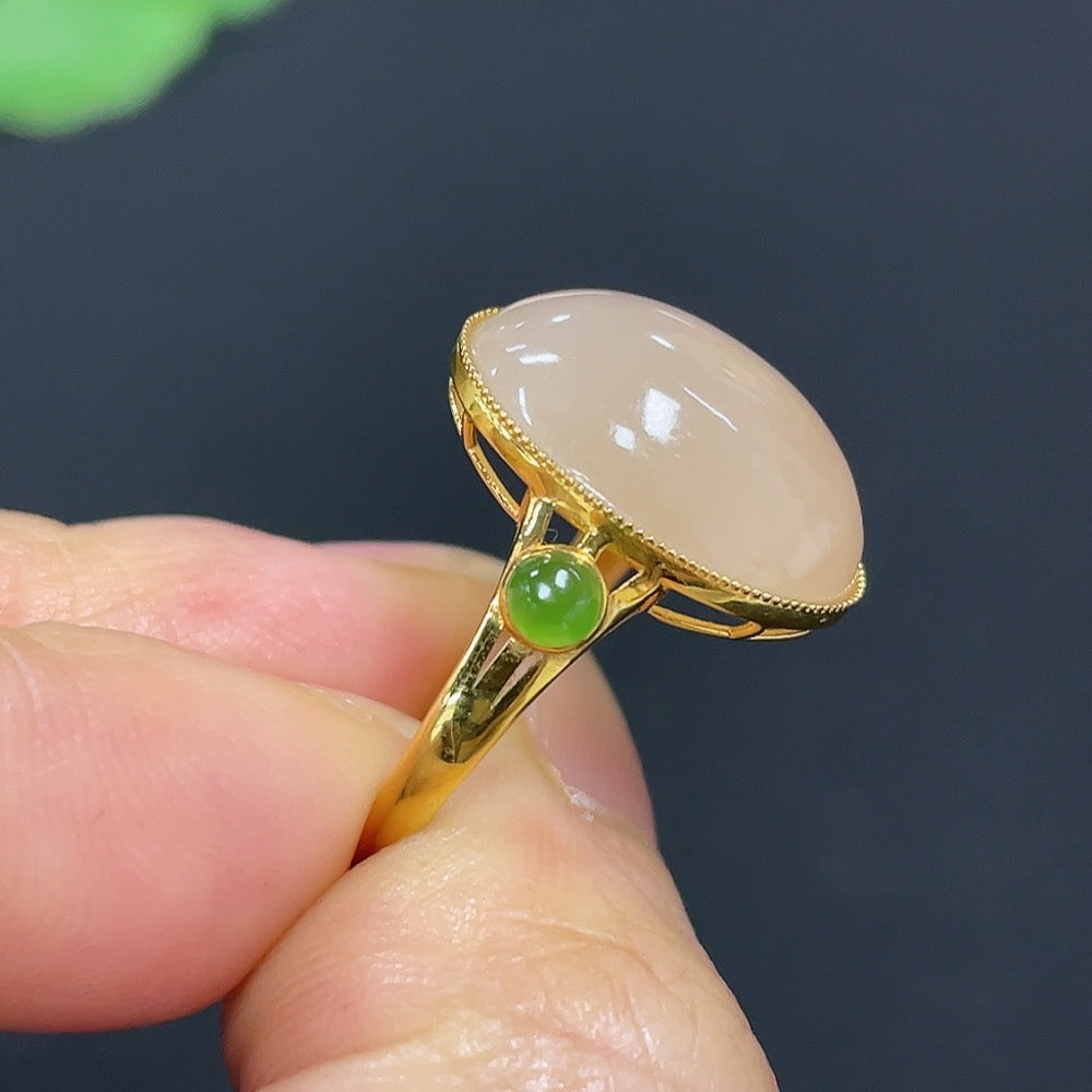Hetian jade inlaid ring with 18k gold setting, size 14, featuring a smooth jade stone on a delicate gold band.