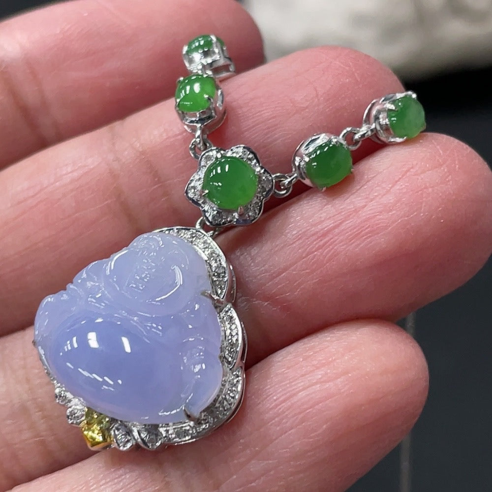 Jadeite Inlaid Buddha Pendant with 18k Gold and Colorless Diamonds, Total Weight Approximately 5.87g Including Chain