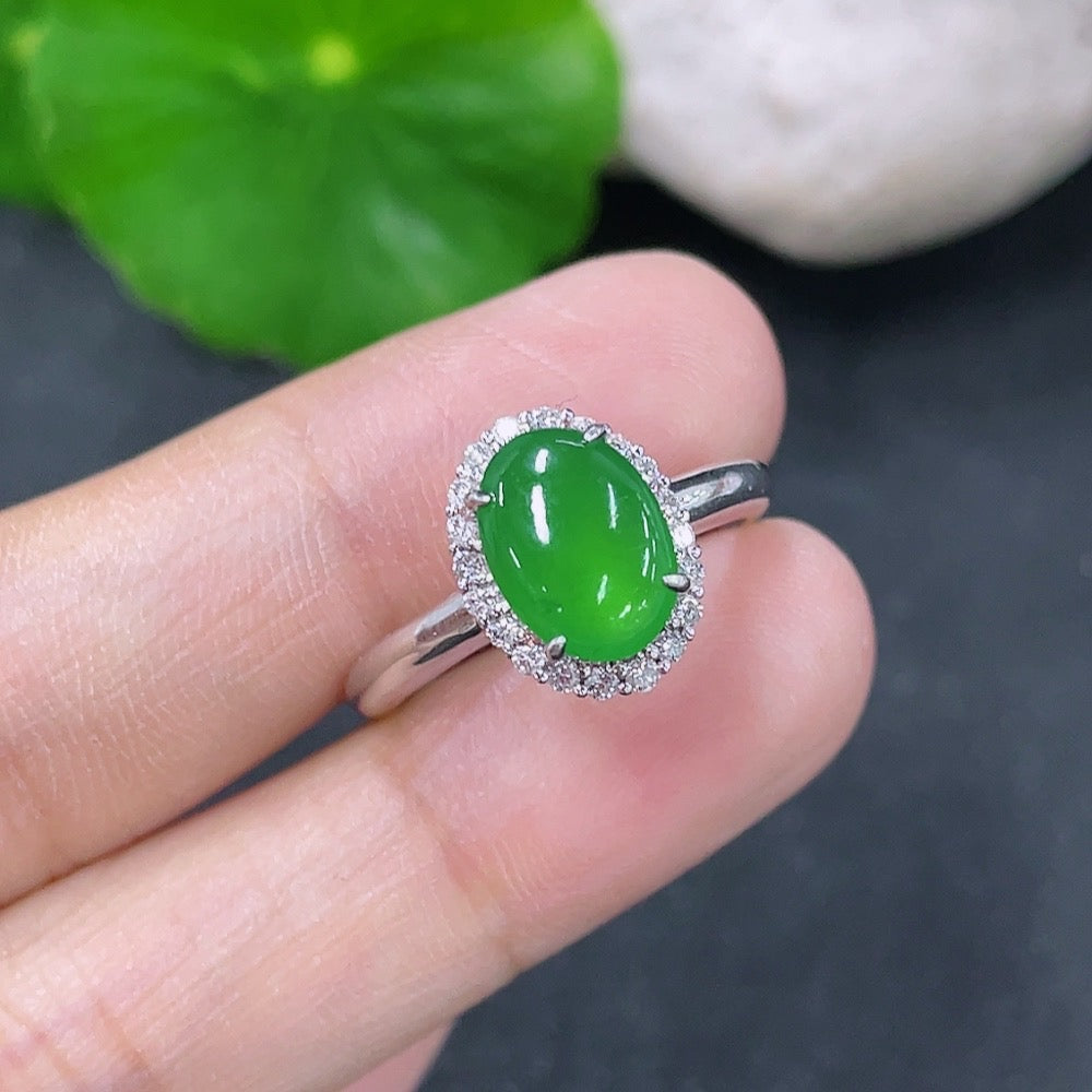 Jadeite Ring 18k with Diamond Size 14 Total Weight Approx. 2.82g