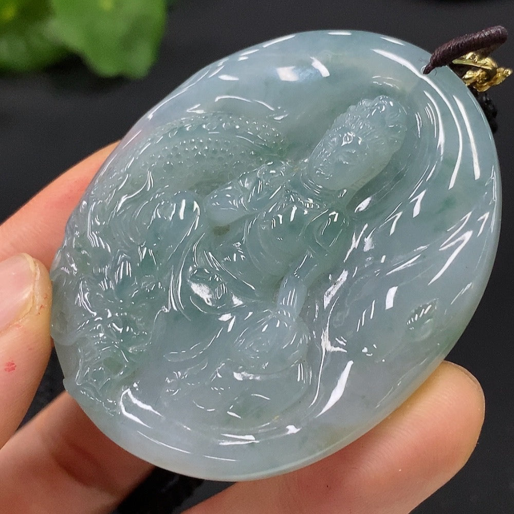Jadeite Dragon-Guarding Guanyin Pendant (Non-Gold-Inlaid)