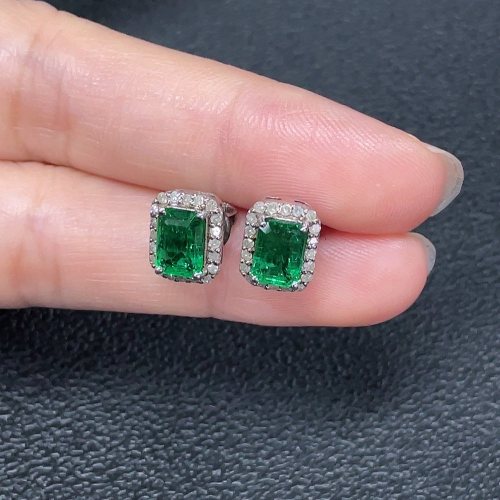 Emerald earrings, clarity enhanced, non-gold, diamond-accented