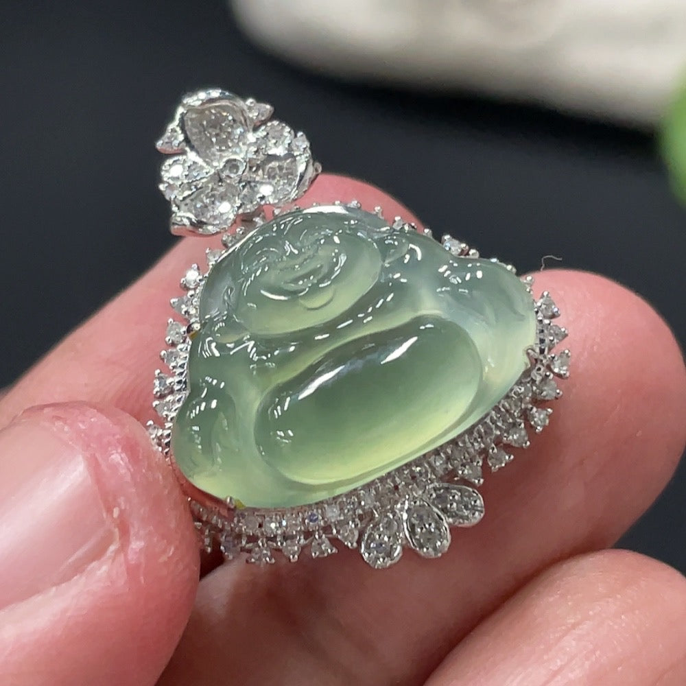 Jadeite Buddha Pendant Set in 18k Gold with Diamond Accents, Total Weight Approx. 4.08g