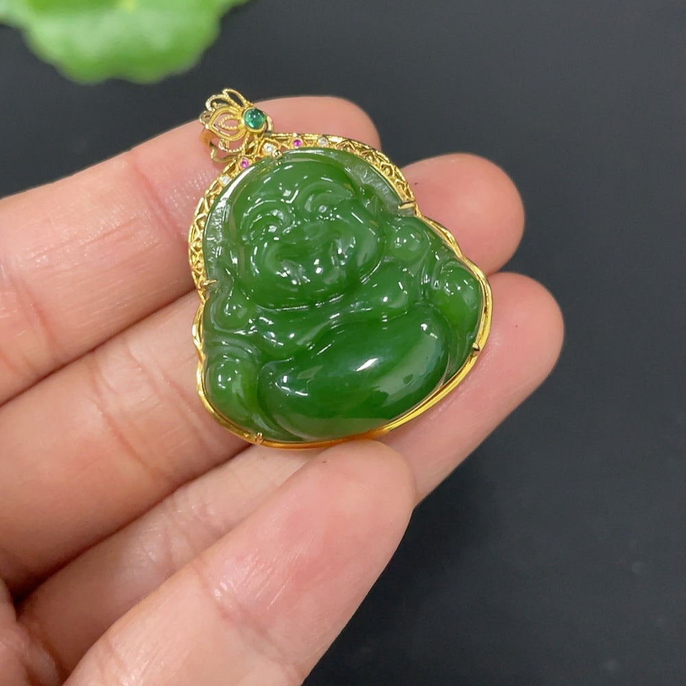 Hetian Jade Inlaid Buddha 18k Gold Total Weight Approx. 8.8g Non-Diamond